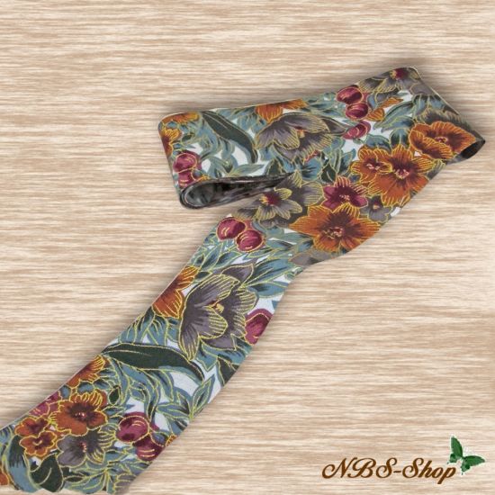Stoffband Blumen mit Goldkontur